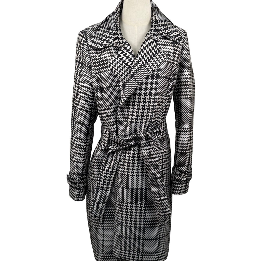 WHBM L Black White Houndstooth Belted Blazer Jacket Quiet Luxury Career Chic EUC